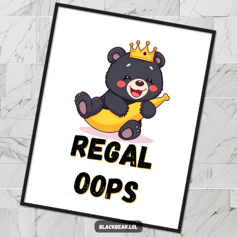 Funny black bear cub wearing a crown hilariously slips on a banana peel, creating a comedic wall art piece.