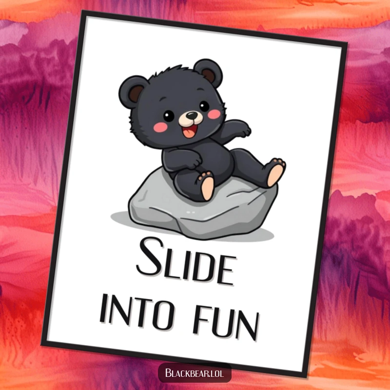 Funny Poster of a black bear cub sliding down a smooth rock with an expression of sheer delight, creating a dynamic scene.