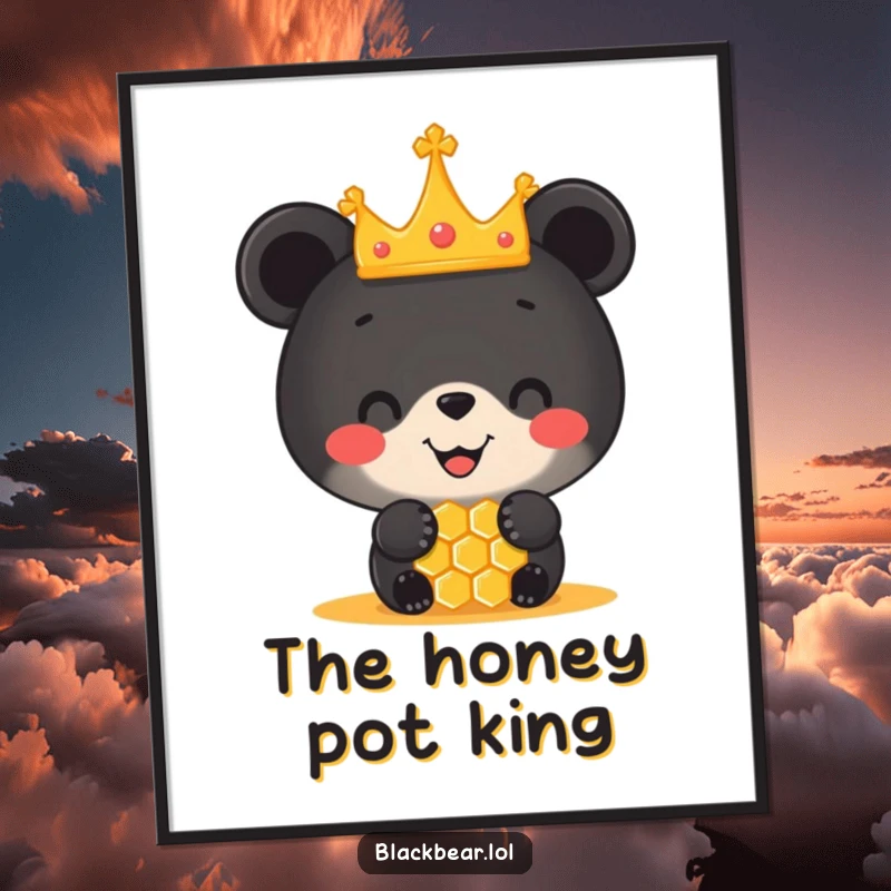 Funny poster art of a black bear cub wearing a tiny crown, balancing a honeycomb on its nose with a happy, focused expression.