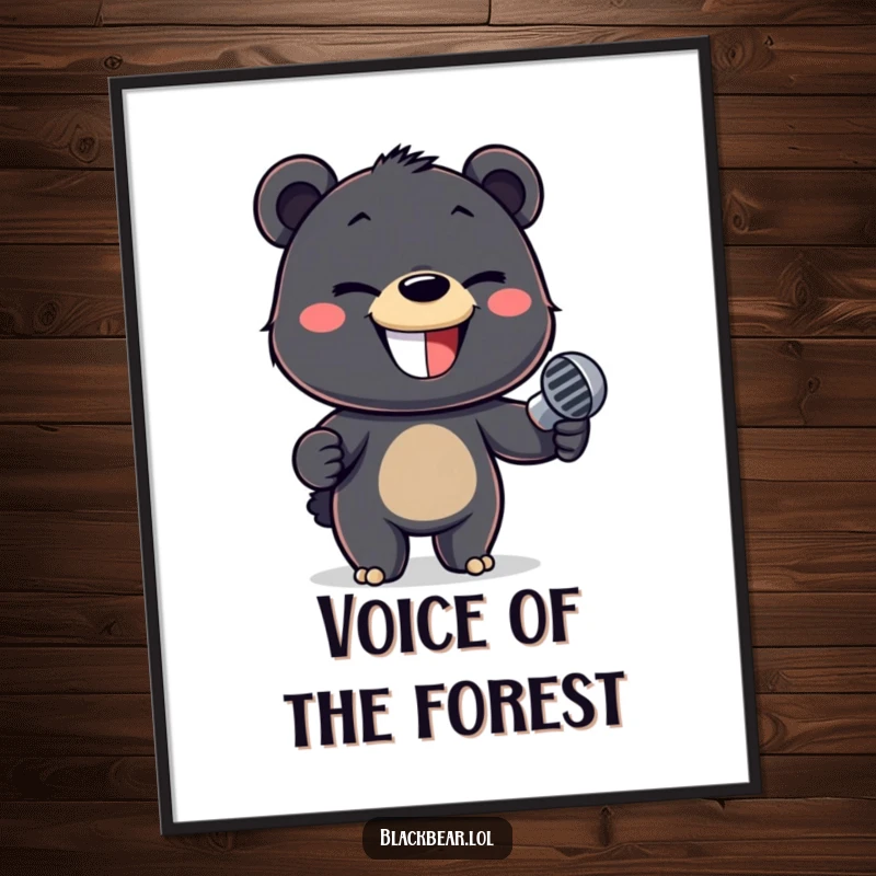 Funny poster of a mischievous black bear cub holding a microphone, grinning and ready to perform.