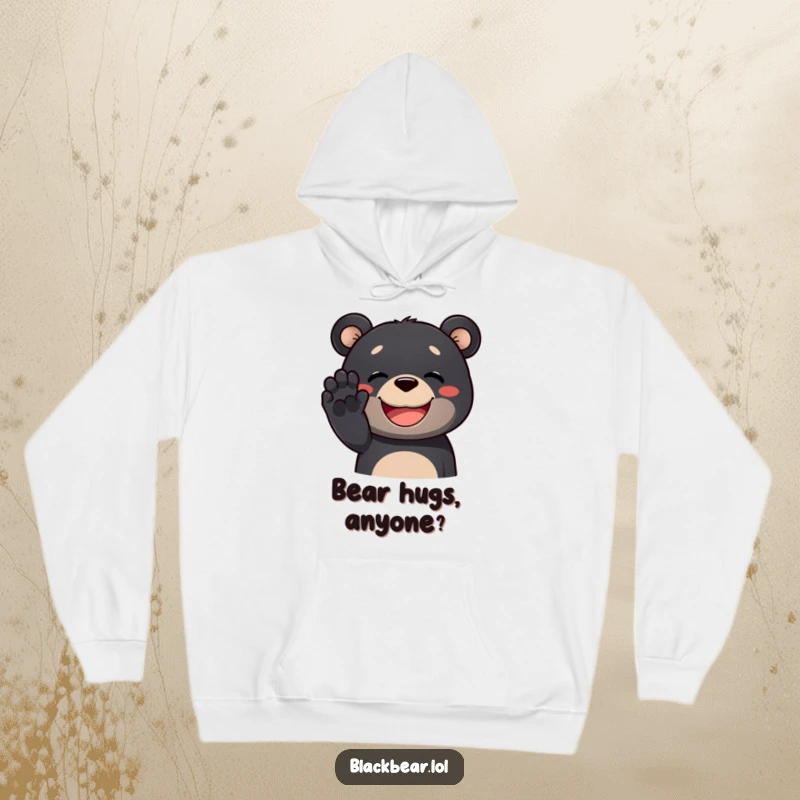 Funny black bear hoodie featuring a black bear with a massive, happy grin, waving its paw warmly, ideal for cozy gift.