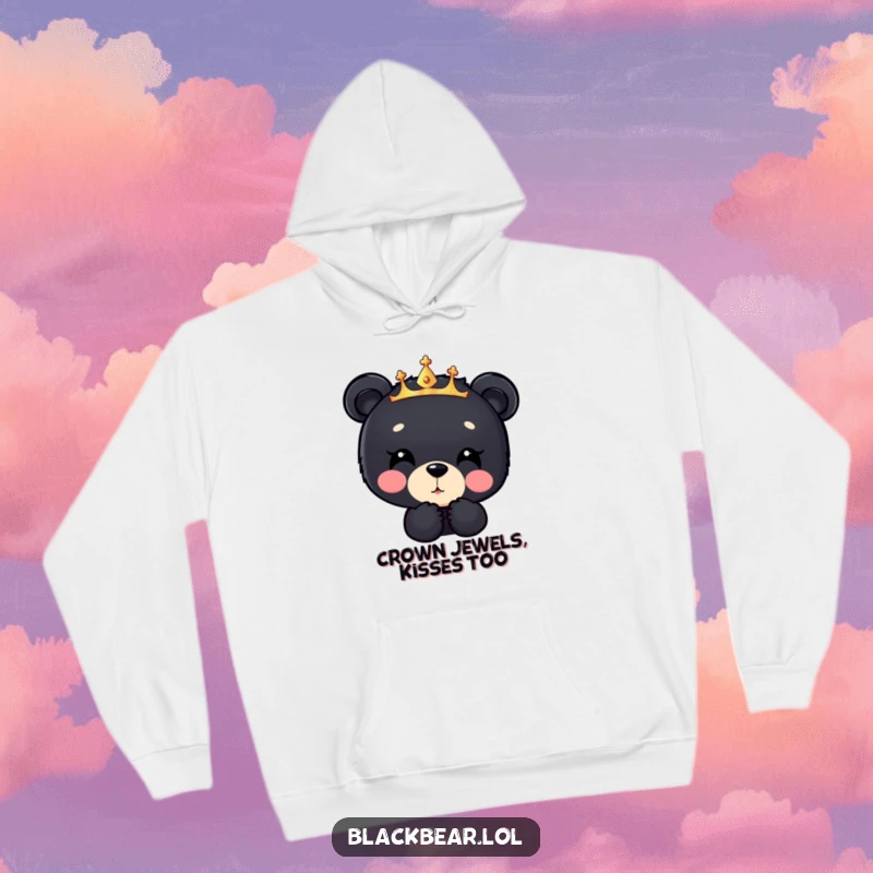 Funny black bear cub hoodie, a cub in a sparkly crown blowing a kiss downwards, offering cozy comfort and adorable humor.