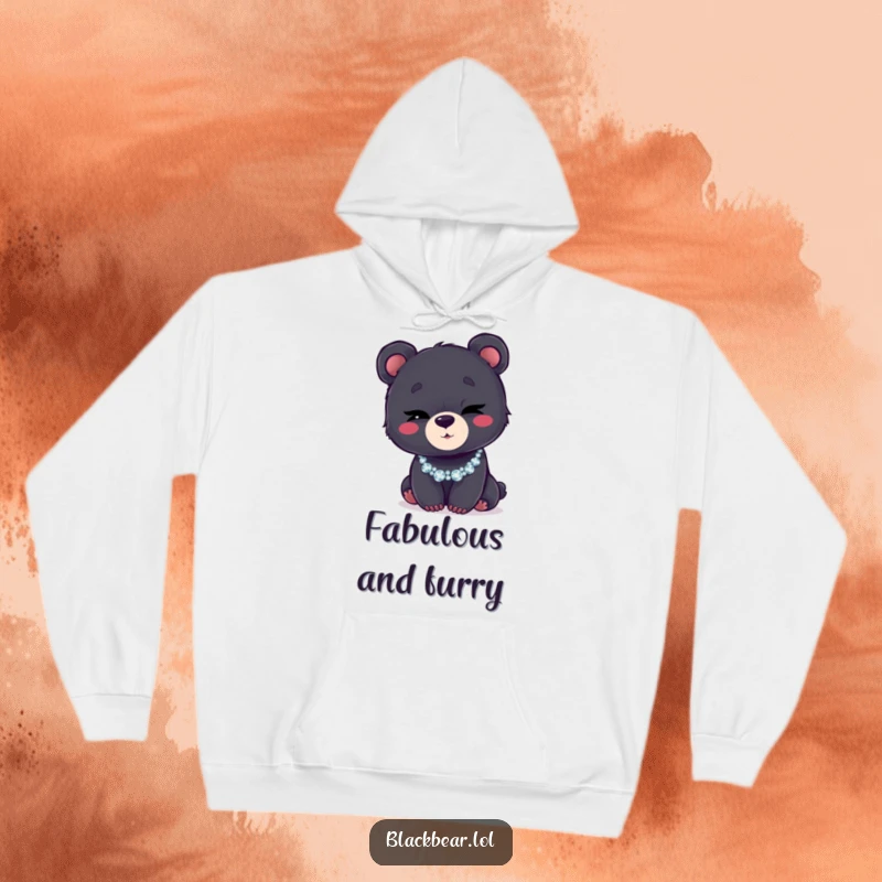 Funny hoodie featuring a black bear cub winking cheekily, adorned with a sparkly, glittery necklace.