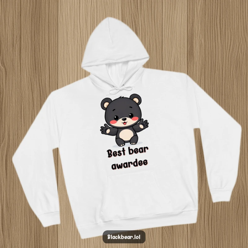 Funny Award Bear Cub Hoodie: A playful bear cub extends paws to give an award, offering warmth and humor for screen readers.