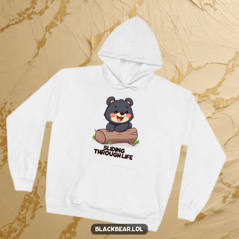 Funny playful black bear cub sliding down a log with a wide grin on a warm hoodie. Joyful and humorous forest creature.