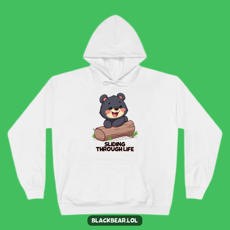 Funny Playful Bear Cub Log Slide Hoodie - Cozy Grinning Forest Sweatshirt