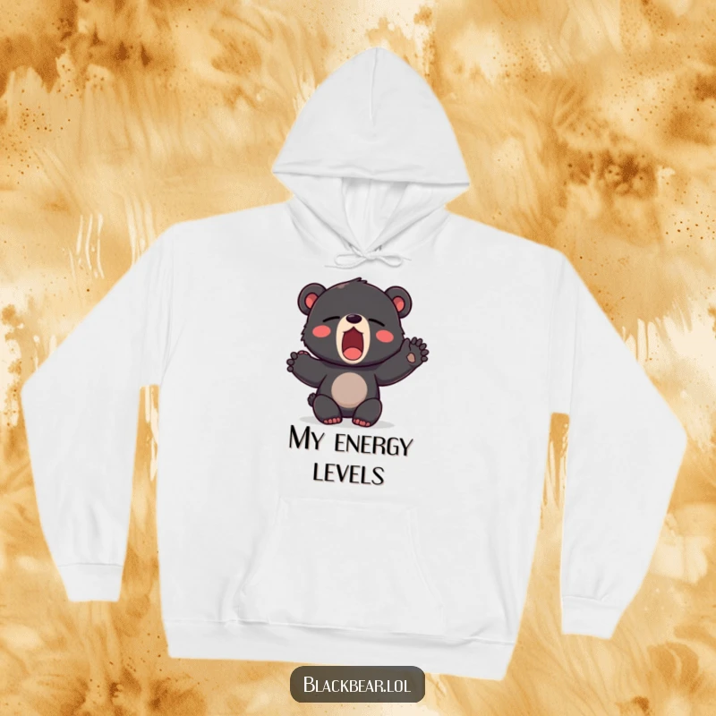 Funny hoodie depicting a black bear cub in a massive yawn, stretching out a cute paw, perfect for cozy days.