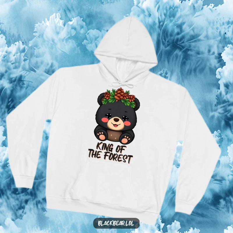 Funny Hoodie: A cheerful black bear cub wearing a pinecone crown waves hello, exuding adorable woodland charm.