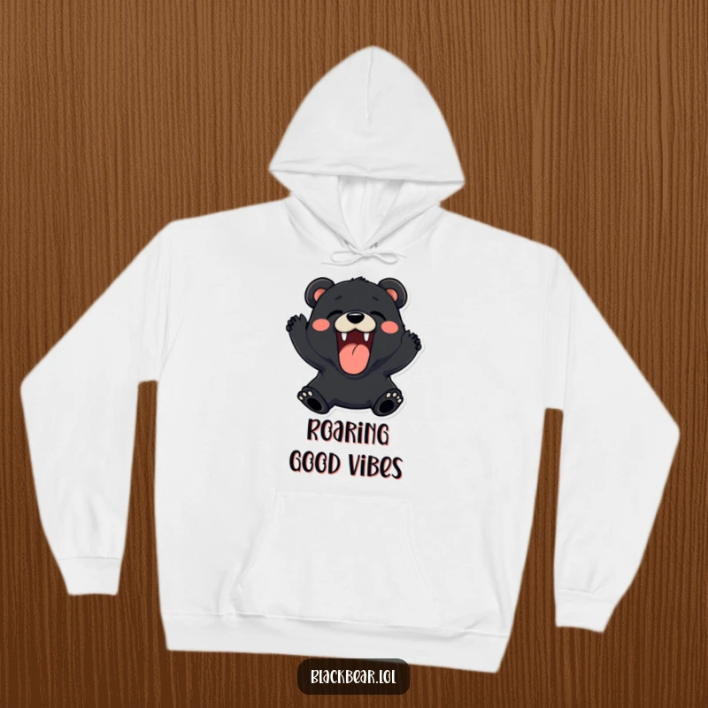 Funny black bear hoodie roaring playfully with a wide, happy expression, ideal for cozy and humorous wear.
