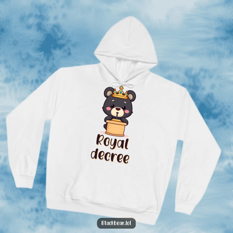 Funny crowned black bear cub standing at a podium delivering a speech, embodying leadership on this warm hoodie.