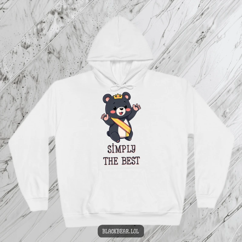Funny black bear cub hoodie wearing a sash, giving a mock royal wave, cozy and regal wear.