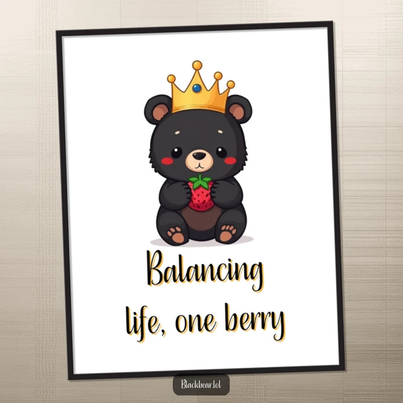 Funny Free Printable Wall Art: Crowned black bear cub balances a berry on its nose, regal decor.