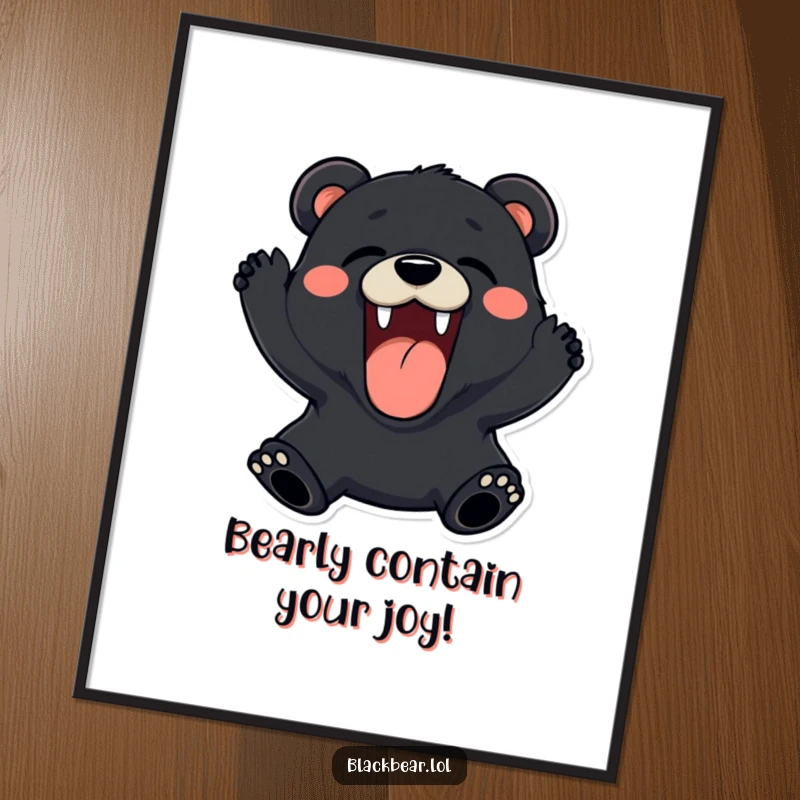 Funny free printable wall art featuring a black bear roaring playfully, its mouth wide in a joyous, humorous expression.