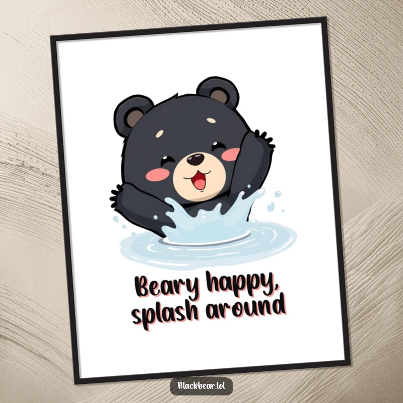Funny Free Printable Wall Art: A black bear joyfully splashes water with enthusiasm in a small puddle.