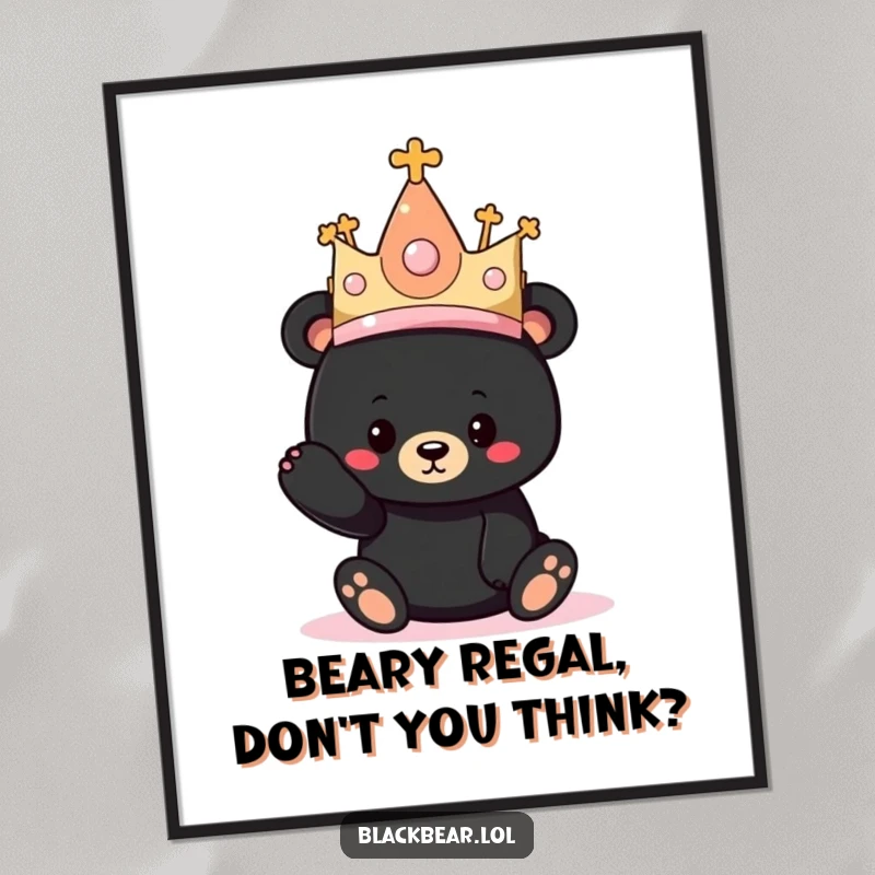 Funny Free Printable Wall Art of a black bear cub wearing a comically large, sparkly princess hat with a sweet expression.