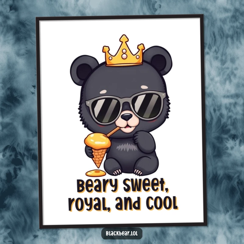 Funny Free Printable Wall Art: Adorable black bear cub wearing a crown and sunglasses, happily tasting honey from a cone.