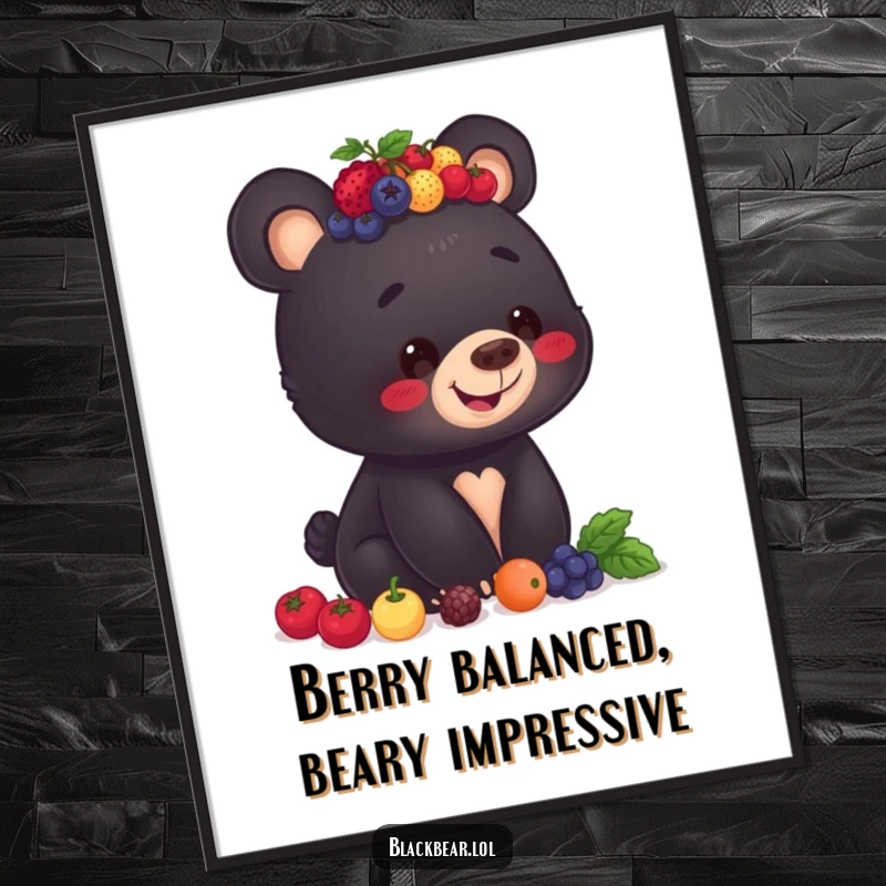 Funny Free Printable Wall Art: A black bear cub joyfully balancing a precarious pile of colorful berries on its head.