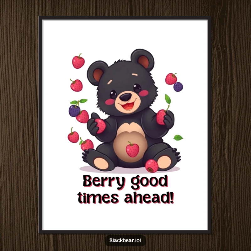 Funny Free Printable Wall Art: A grinning black bear cub attempts to juggle a pile of colorful wild berries, looking quite pleased.