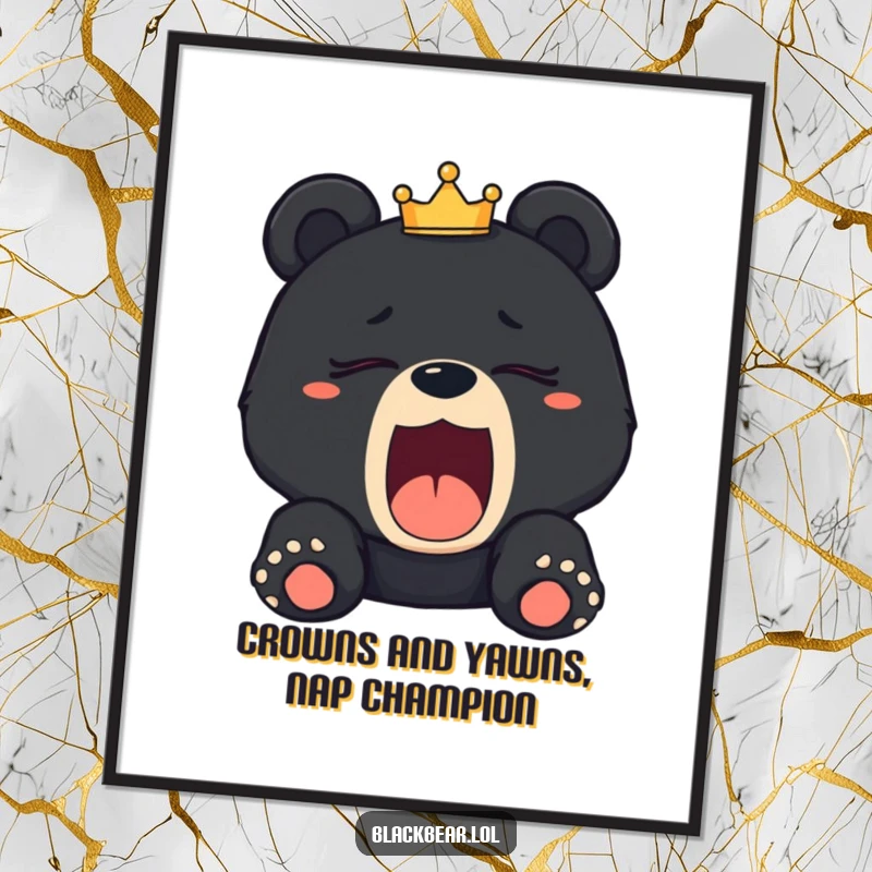 Funny Free Printable Wall Art: A sleepy black bear cub yawning, a royal crown tilted adorably on its head.