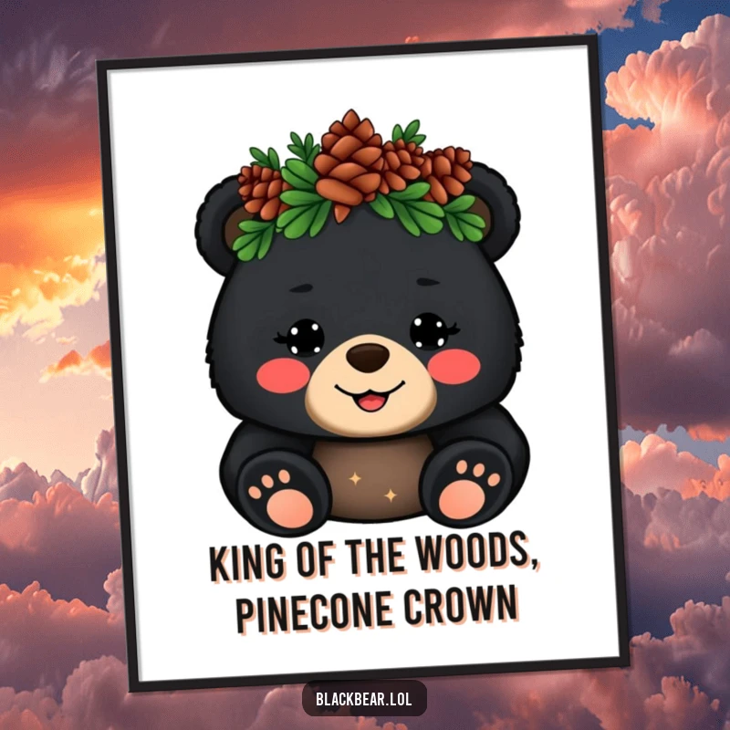 Cute Free Printable Wall Art: Cheerful black bear cub wearing a pinecone crown waves majestically.