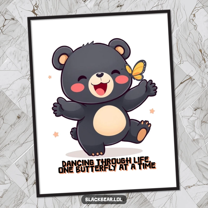 Funny free printable wall art, a black bear cub excitedly dancing with a butterfly, bringing a scene of pure, wild joy indoors.