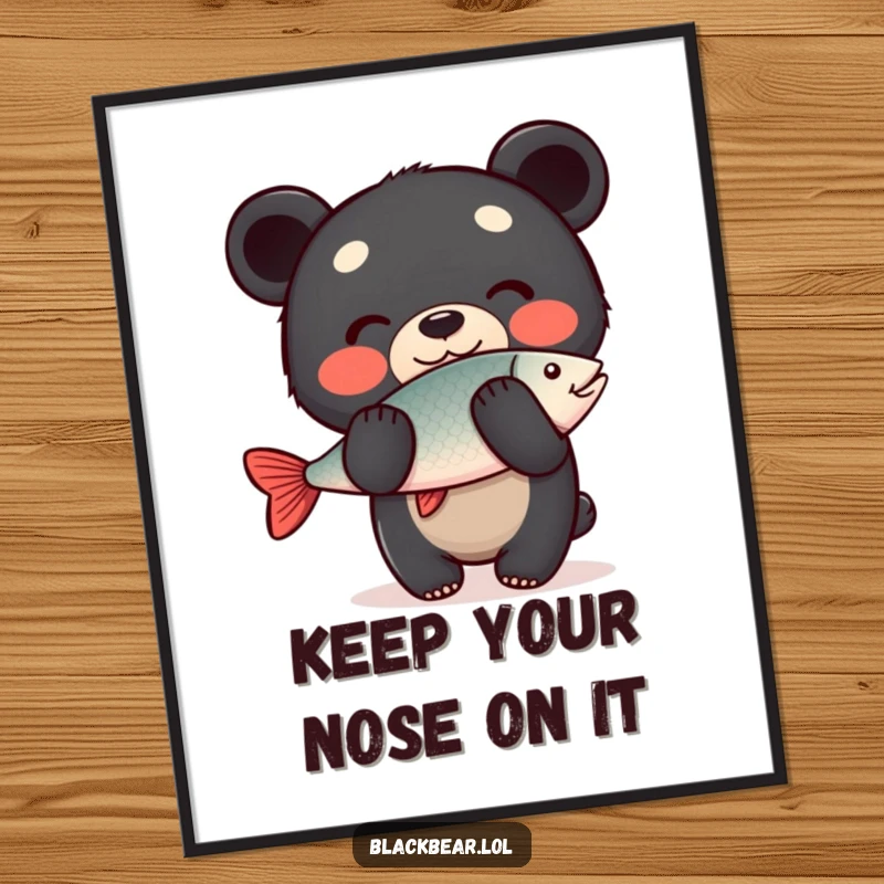 Funny Free Printable Wall Art: a happy black bear cub balancing a fish perfectly on its nose.