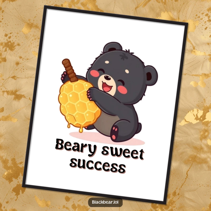 Funny Free Printable Wall Art: A charming black bear cub tumbling with a giant honeycomb, embodying pure, sweet delight.