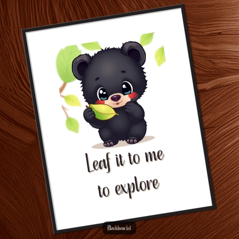 Enchanting free printable wall art of a black bear cub with wide, curious eyes inspecting a vibrant, shimmering leaf.