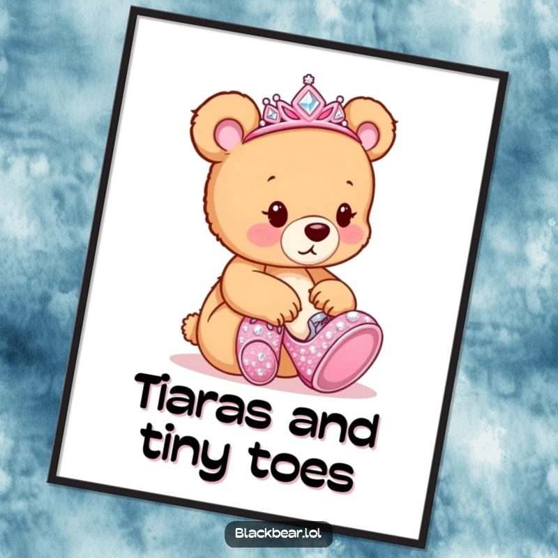 Funny Free Printable Wall Art: A bear cub wearing a tiara, humorously trying on oversized, sparkling high heels.