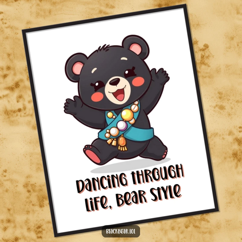 Funny Free Printable Wall Art: Playful black bear cub wearing a jeweled sash, dancing energetically.