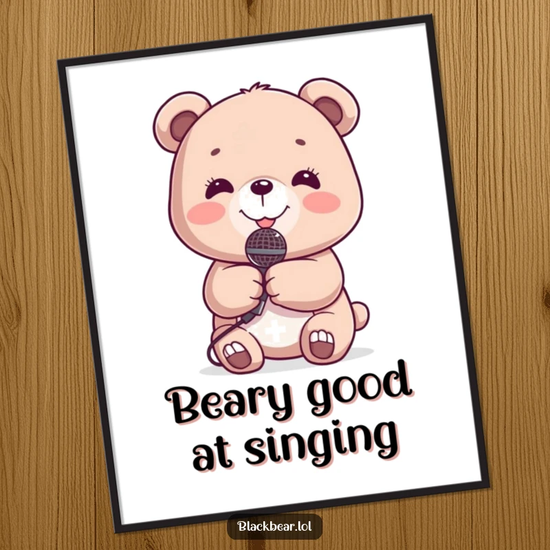Funny Free Printable Wall Art: A cute bear with a radiant smile holds a tiny microphone, ready to serenade.