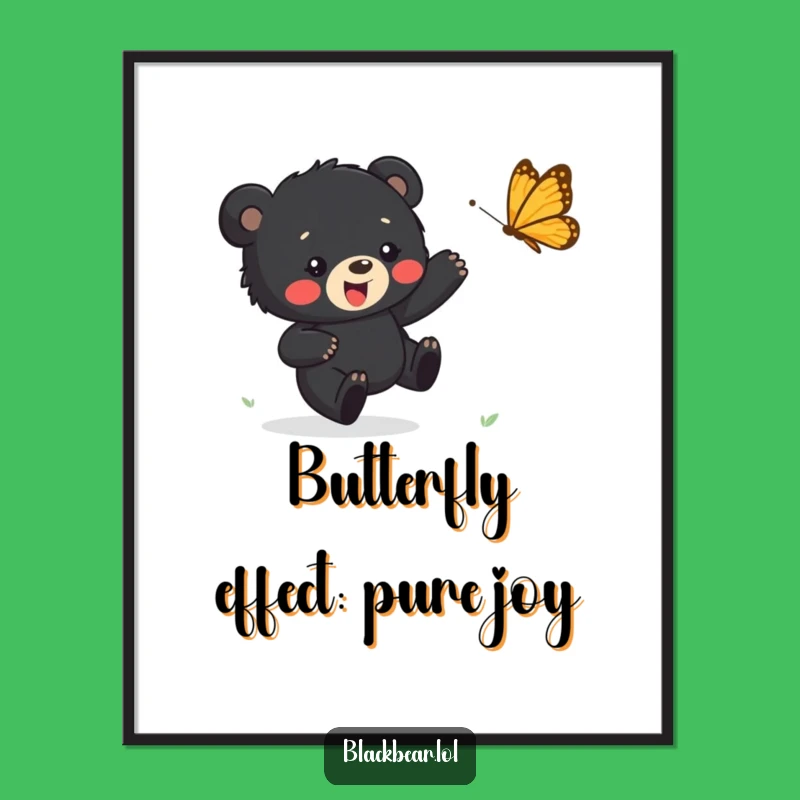 Free Printable Wall Art: Happy Bear Cub Chasing Butterfly, Funny Downloadable Art