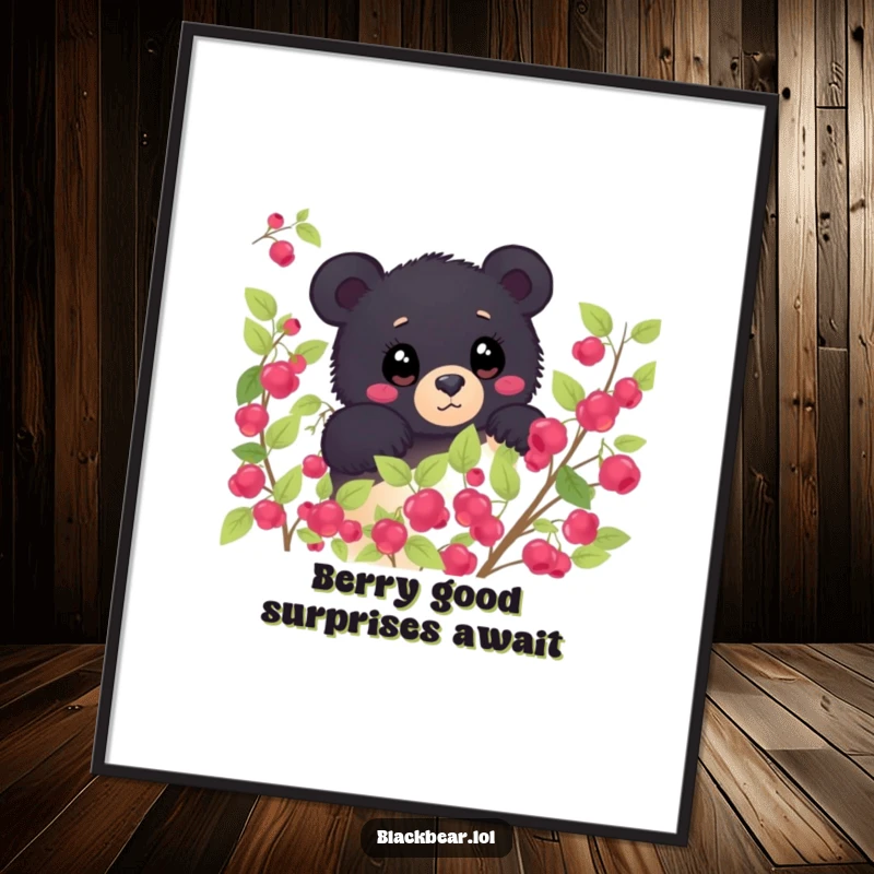 Funny Free Printable Wall Art: A shy black bear peeking from a berry bush, eyes wide with wonder, evoking curiosity and nature.