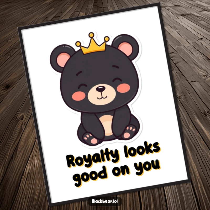 Funny Free Printable Wall Art: Black bear character with a sweet smile and a small, distinguished crown.