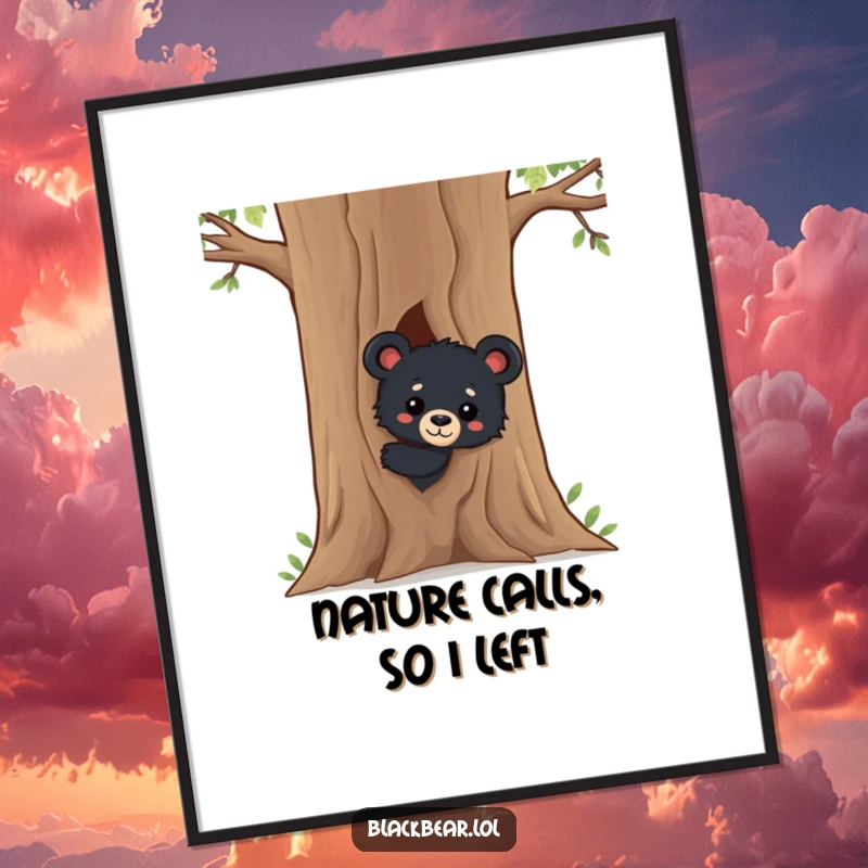 Funny Free Printable Wall Art: A curious black bear cub peeking from behind a tree, adding woodland charm to any room.
