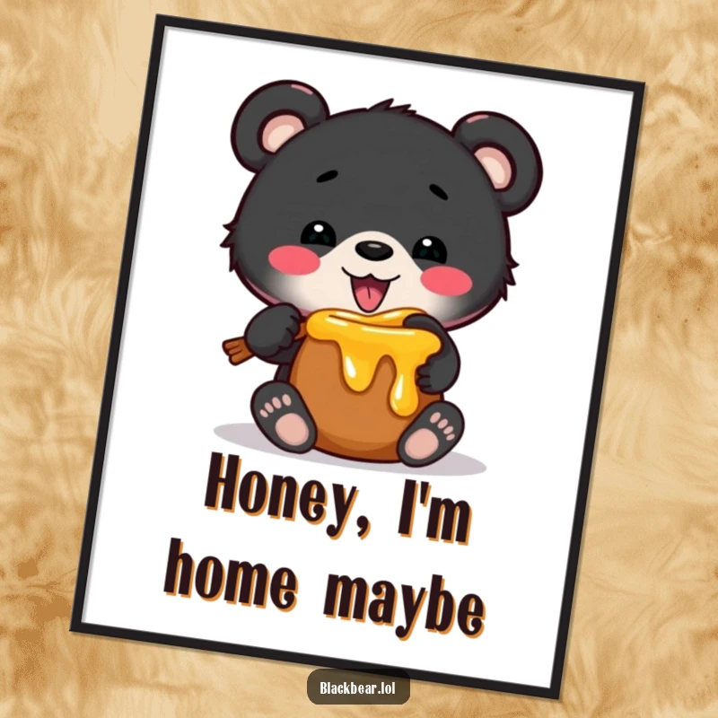 Funny free printable wall art print of a black bear cub enthusiastically diving into a tiny honey pot, a playful scene.