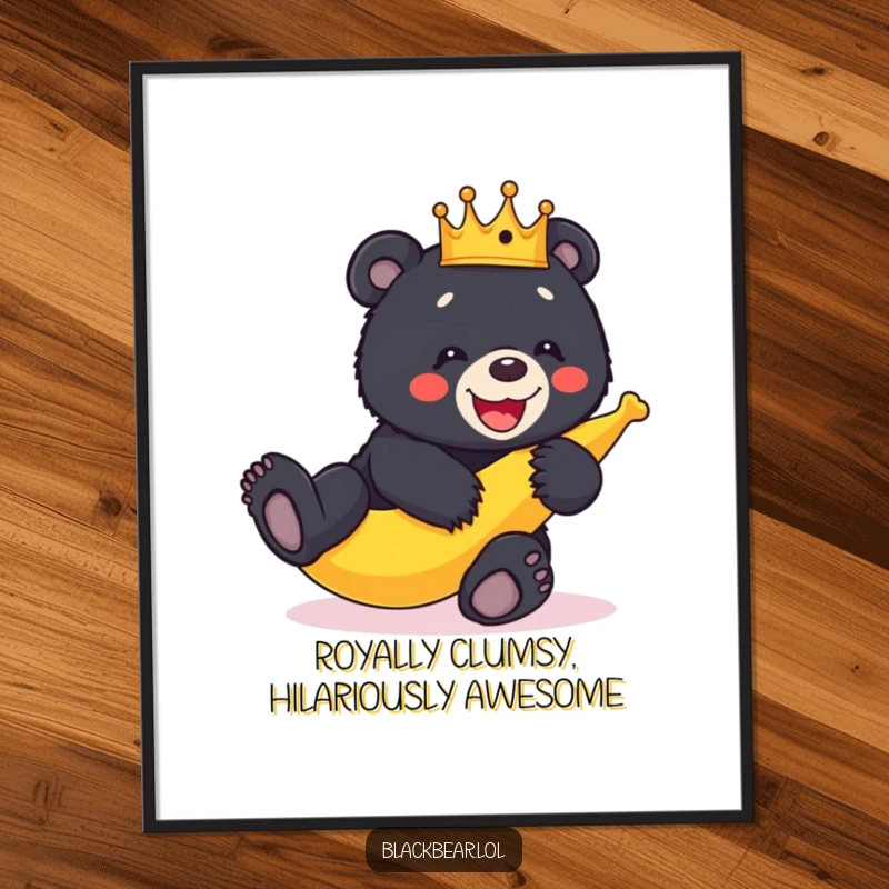 Funny Free Printable Wall Art: Black bear cub wearing a crown giggling while slipping on a banana peel.
