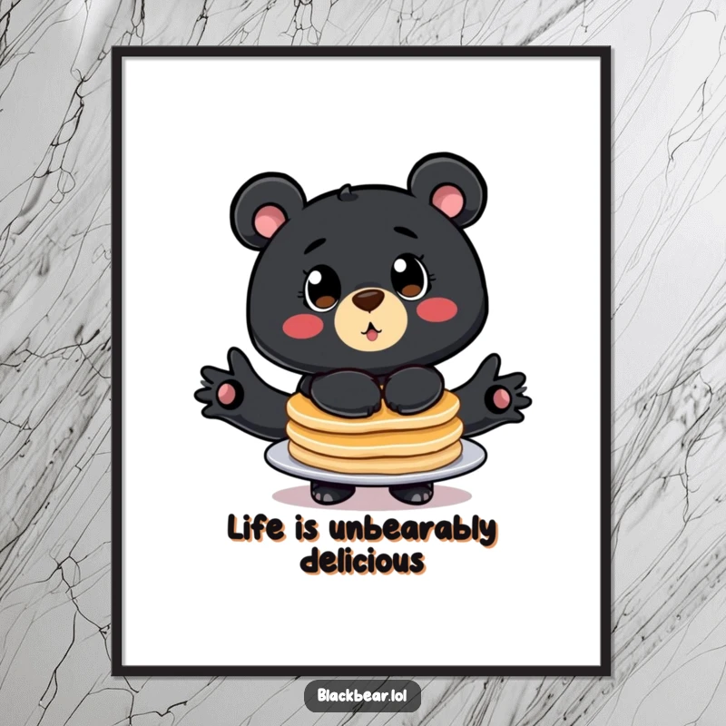 Funny Free Printable Wall Art: A stylized black bear with big eyes comically balancing a stack of pancakes, breakfast humor.