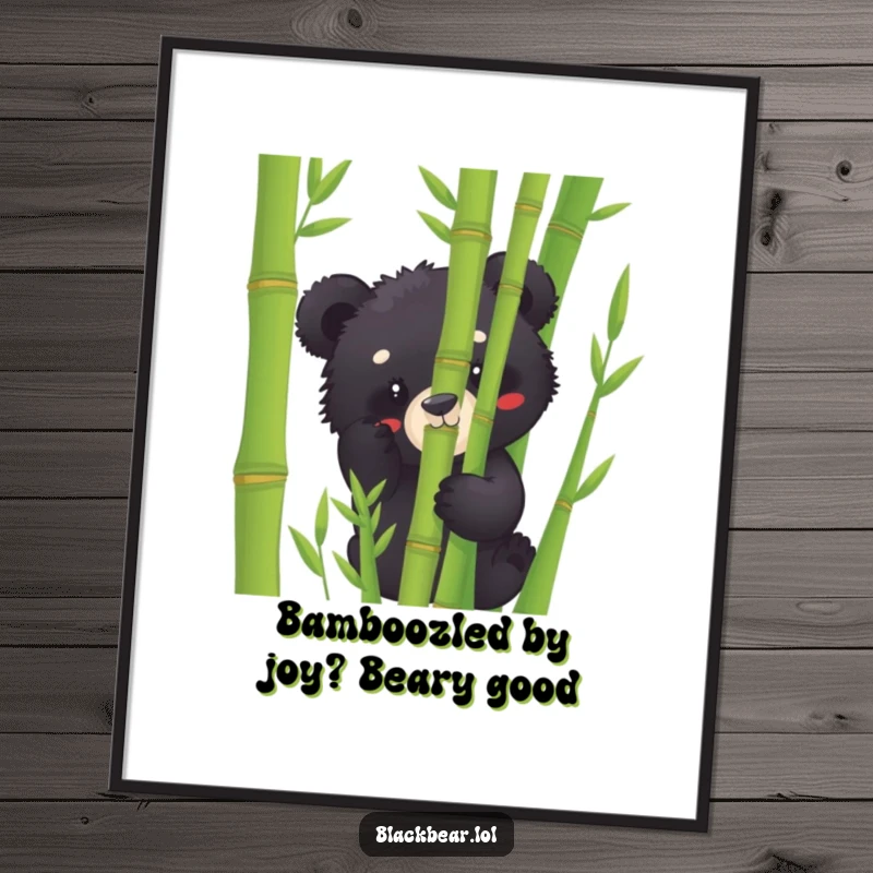 Funny Free Printable Wall Art: A cute and playful black bear cub peeking out from bamboo stalks.