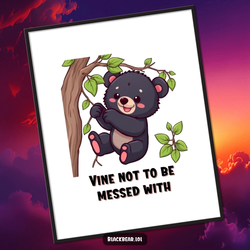Funny free printable wall art: a black bear cub playfully tugs on a dangling vine, full of mischief.