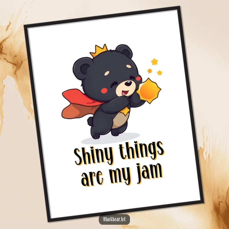 Funny Free Printable Wall Art: A black bear cub in a flowing cape playfully lunges with great determination towards a gleaming shiny object.