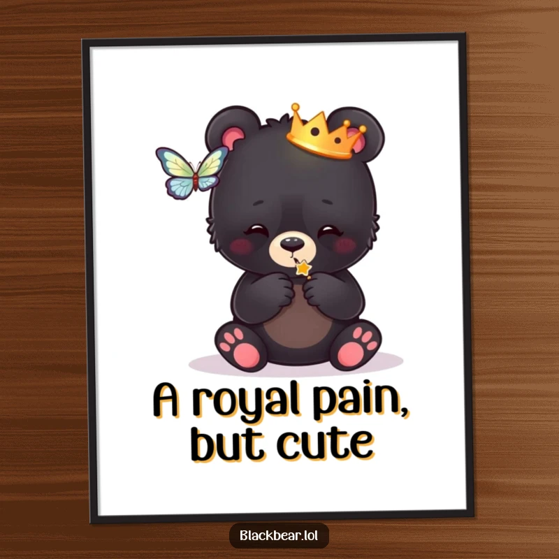 Funny Free Printable Wall Art: A cute black bear cub wearing a crown playfully bats at a butterfly, whimsical decor.