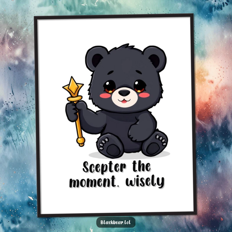 Funny free printable wall art of a bear cub proudly holding a shiny scepter with its paw, exuding royal charm.