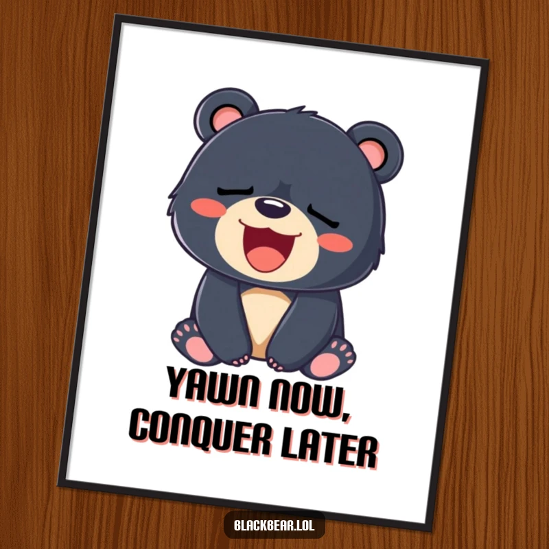 Funny Free Printable wall art: a sleepy black bear cub captured in a moment of a big, wide, adorable yawn.