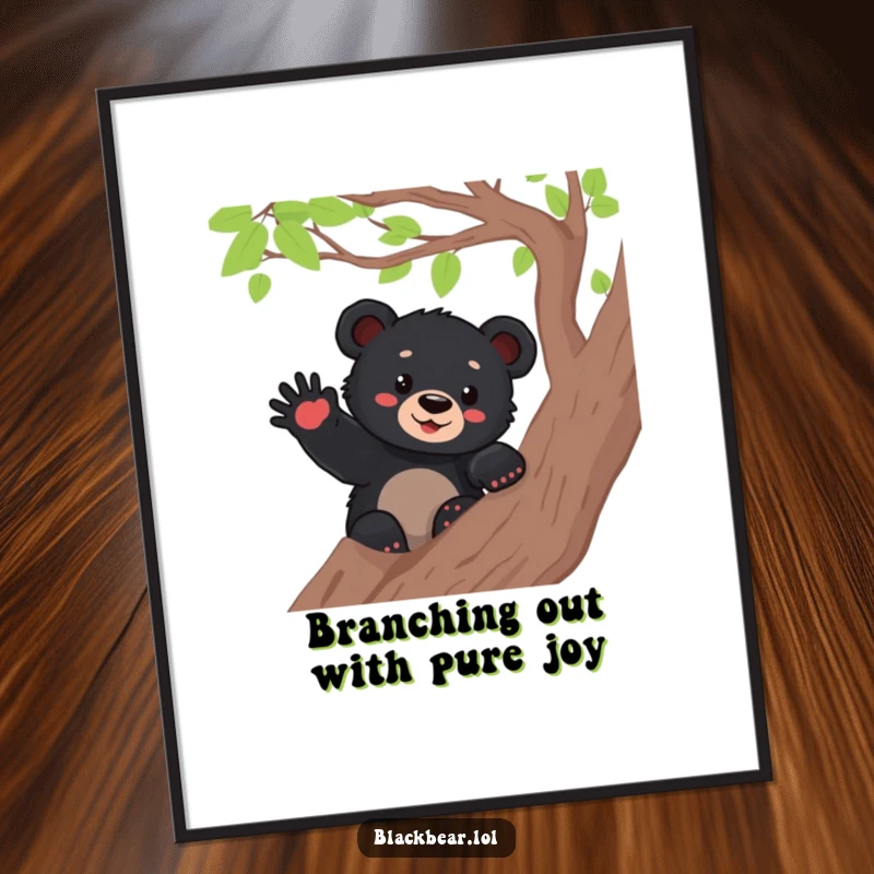 Funny Free Printable Wall Art: Black bear cub cheerfully waves a paw from a secure tree branch.
