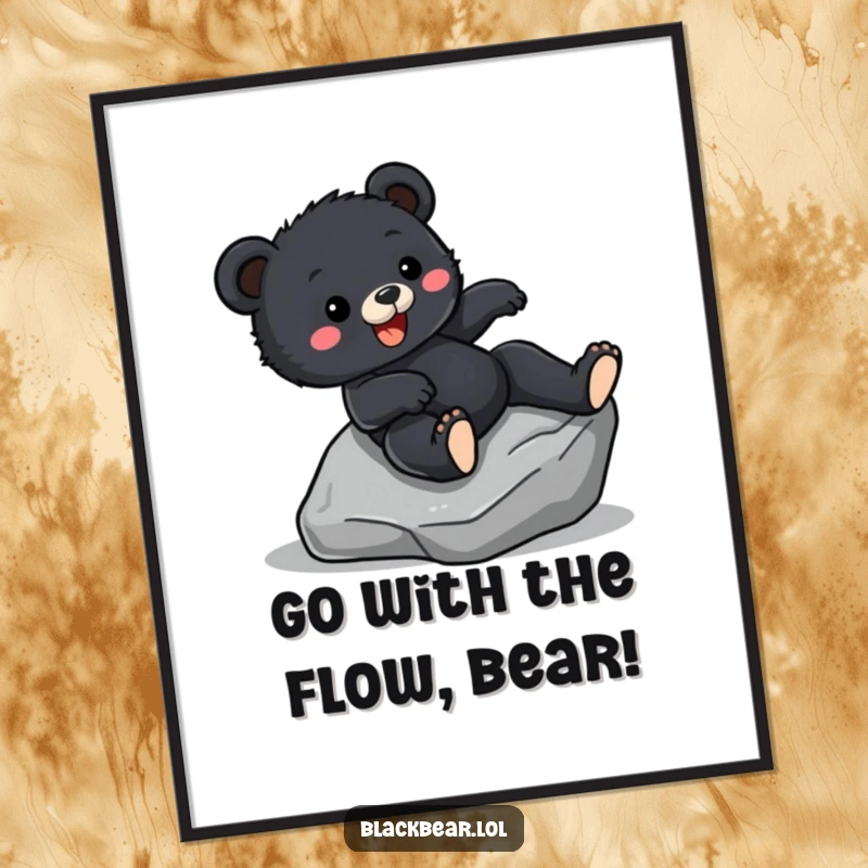 Funny Free Printable Wall Art: A black bear cub slides down a slick rock with a huge grin and joyous abandon.