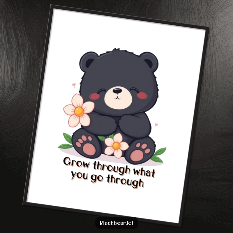 Funny Free Printable Wall Art: A black bear sits contentedly holding a large, beautiful flower in a peaceful setting.