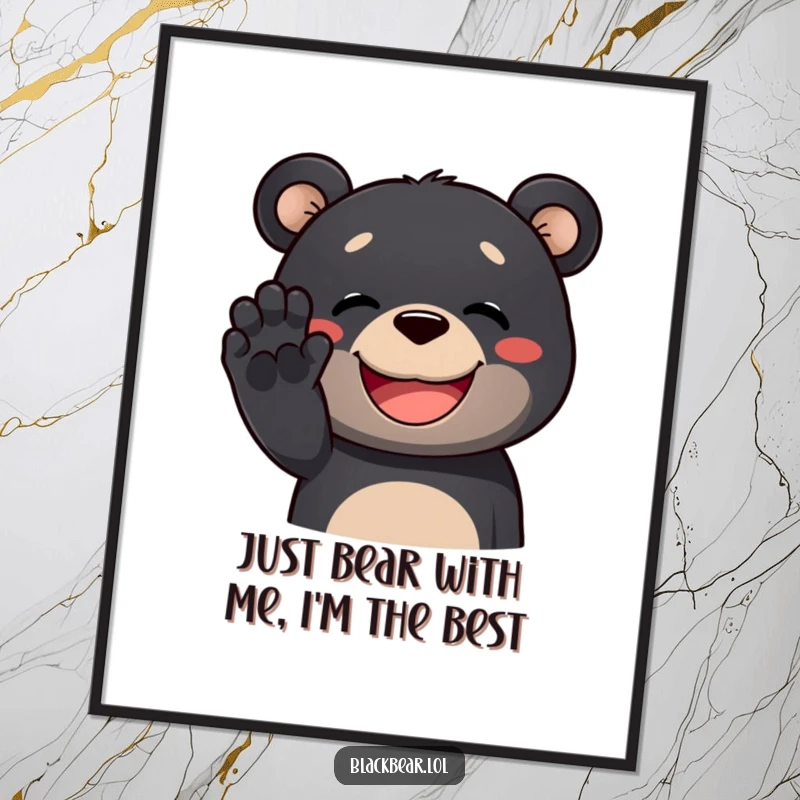 Funny free printable wall art: a large black bear with a wide, joyful grin waves a friendly paw.