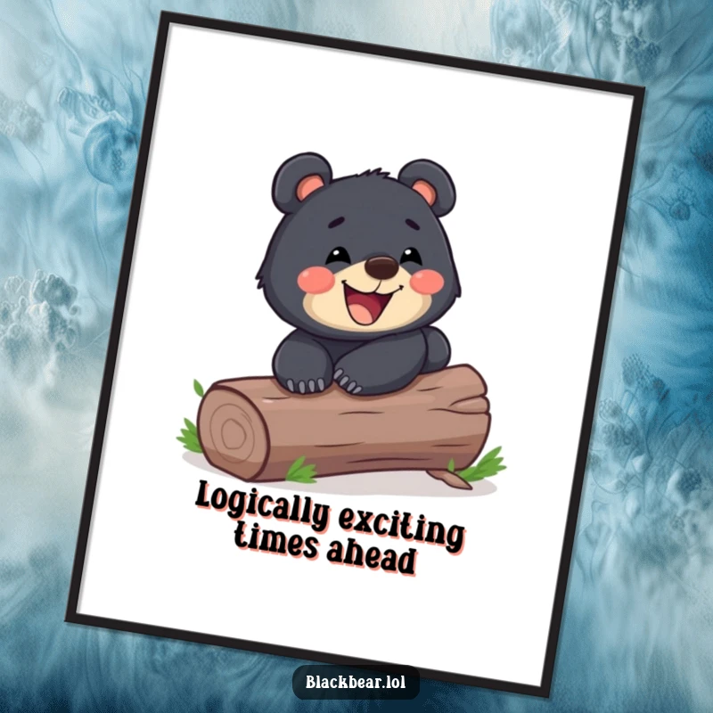 Funny Free Printable Wall Art: A playful black bear cub sliding gleefully down a log with a wide, happy grin.