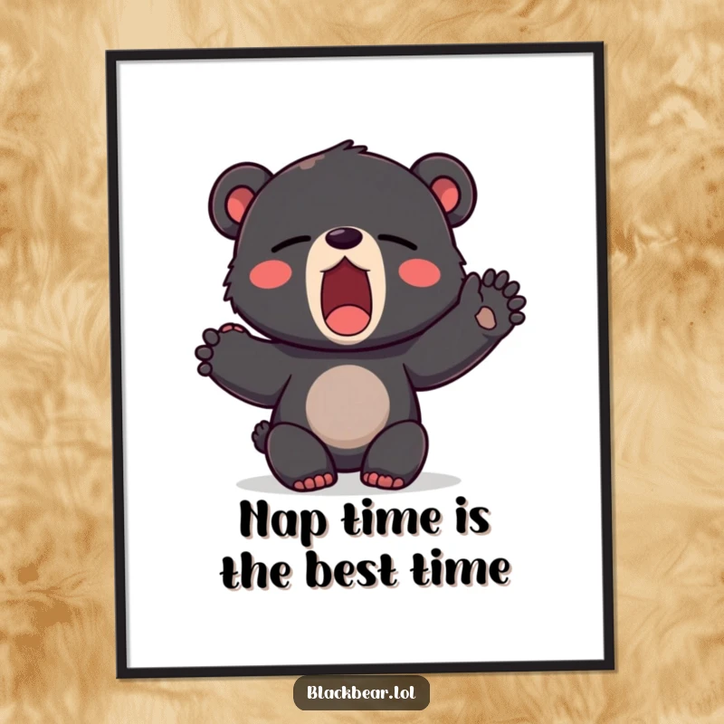 Funny Free Printable Wall Art: A sleepy black bear cub in a relatable pose, yawning widely and stretching out a paw.